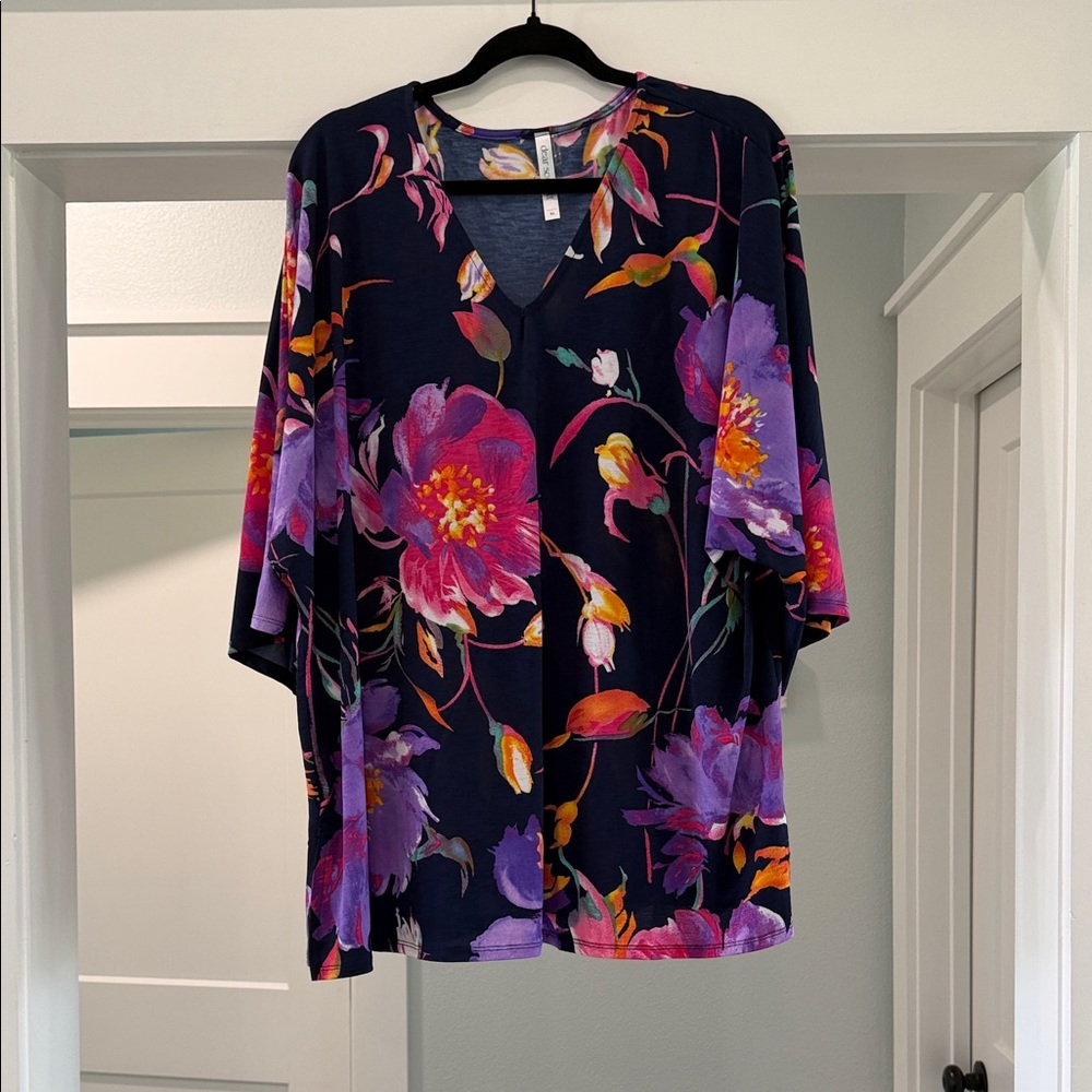 Women's Navy Floral V-Neck Tunic with Pink & Purple Blooms